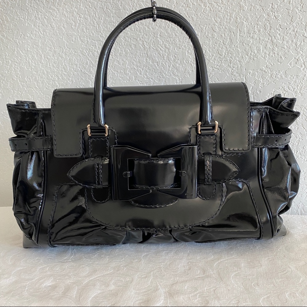 GUCCI Black Patent leather buckle bow Large Tote Bag